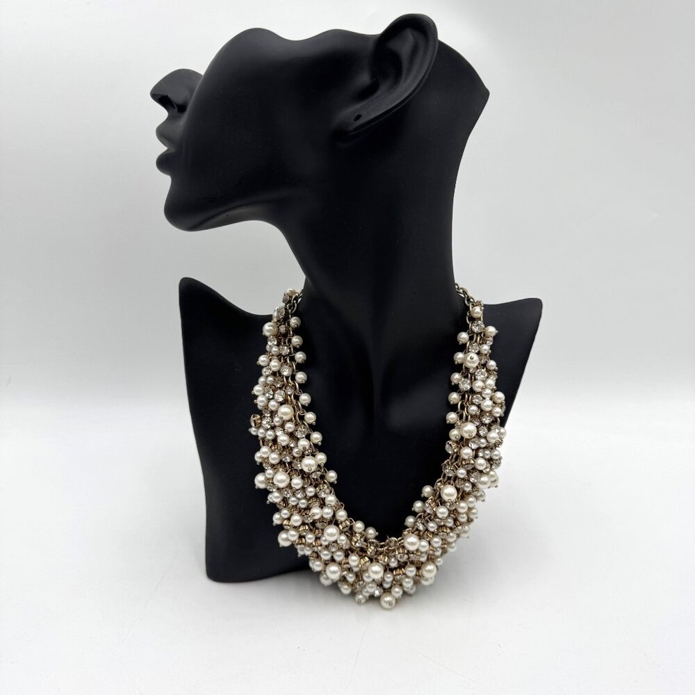 Nice Faux Pearl & Crystal Bead Bib Necklace Gold Tone Adjustable Length